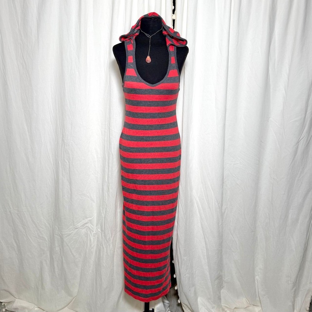 Chesley Red & Charcoal Striped Hooded Maxi Dress – Size M